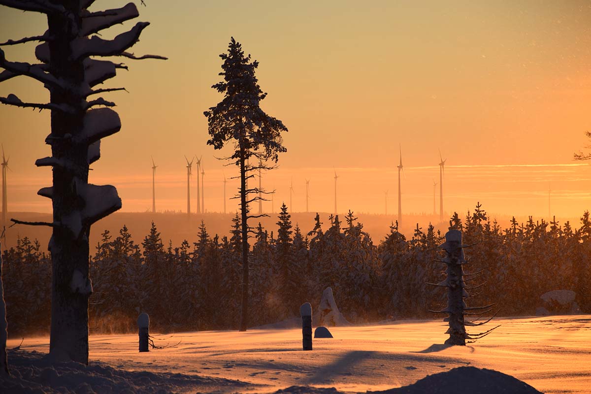 Snowy ladnscape at sunset on Kilberget